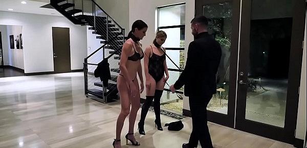  Our stud walks Serena and Sophia with collars on their necks like the horny cum sluts